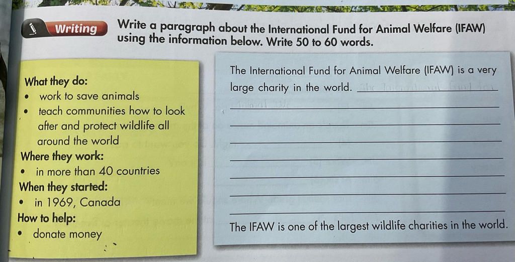 Write a paragraph about the International Fund for Animal Welfare (IFAW)  using the information below. Write 50 to 60 words. Writing The  International Fund