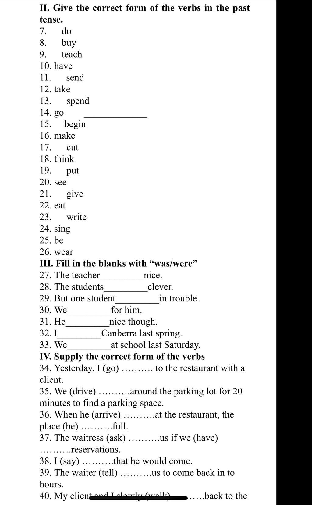 Ii. Give The Correct Form Of The Verbs In The Past Tense. 7. Do 8. Buy  Teach 9. 10. Have 11. Send 12. Take 13. Spend 14. Go Begin 16. Make 15. 17.  Cut 18.