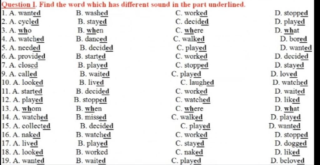 Question I. Find The Word Which Has Different Sound In The Part ...