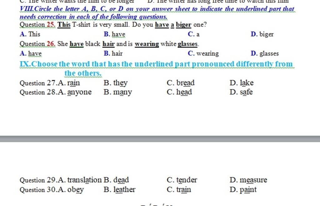 VII.Read The Following Passage And Circle The Letter A, B, C, Or D To ...