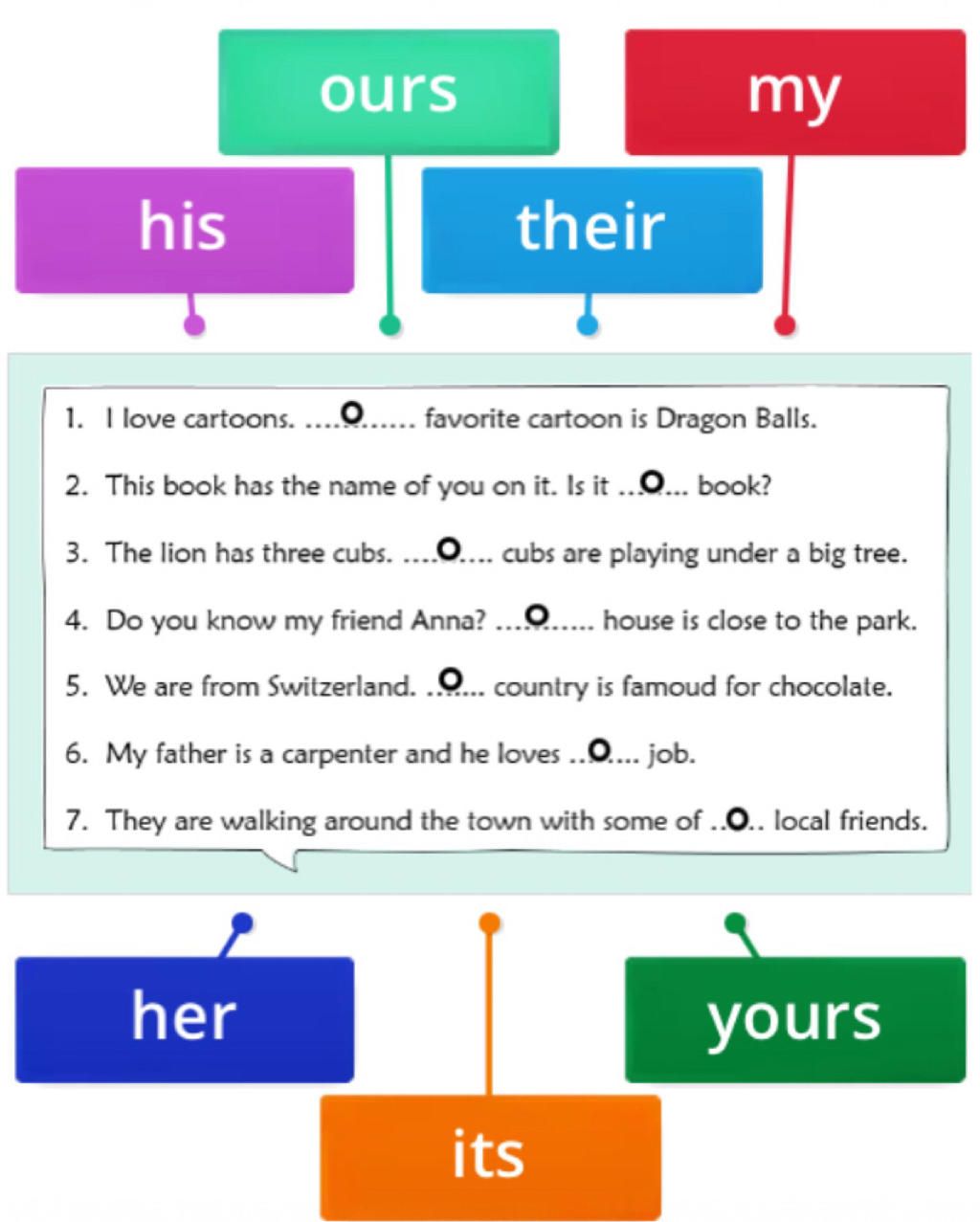 ours my his their 1. I love cartoons. favorite cartoon is Dragon Balls. 2. This book has the name of you on it. Is it ..O. book? 3. The lion has three cubs ours my his their 1. I love cartoons. favorite cartoon is Dragon Balls. 2. This book has the name of you on it. Is it ..O. book? 3. The lion has three cubs