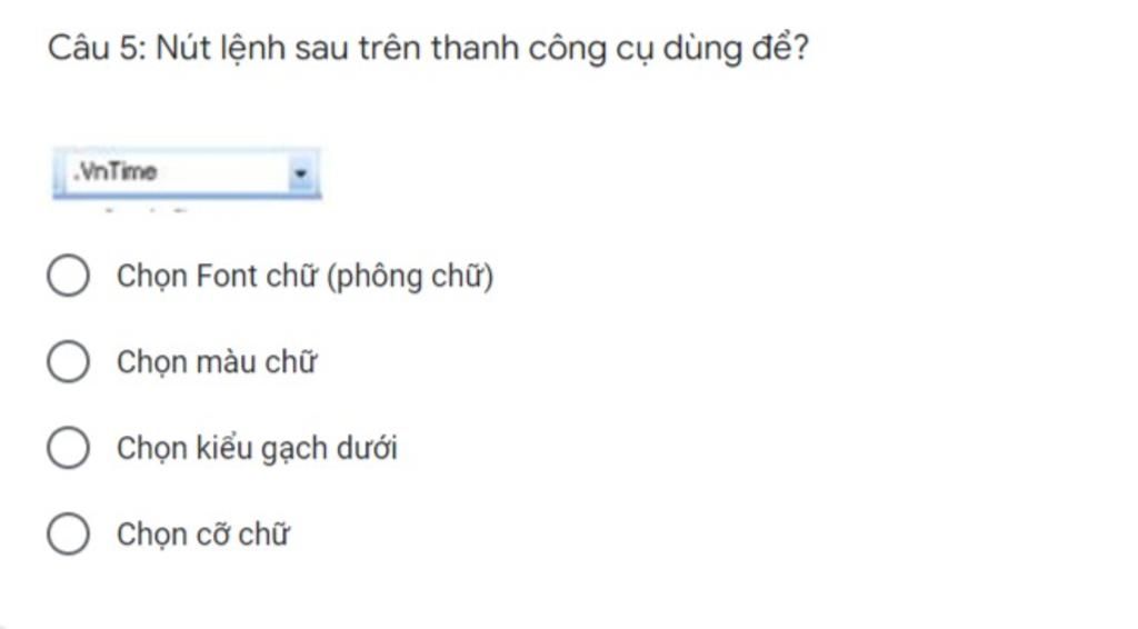 Câu 5: Nút lệnh sau trên thanh công cụ dùng đề? VnTime Chọn Font ...