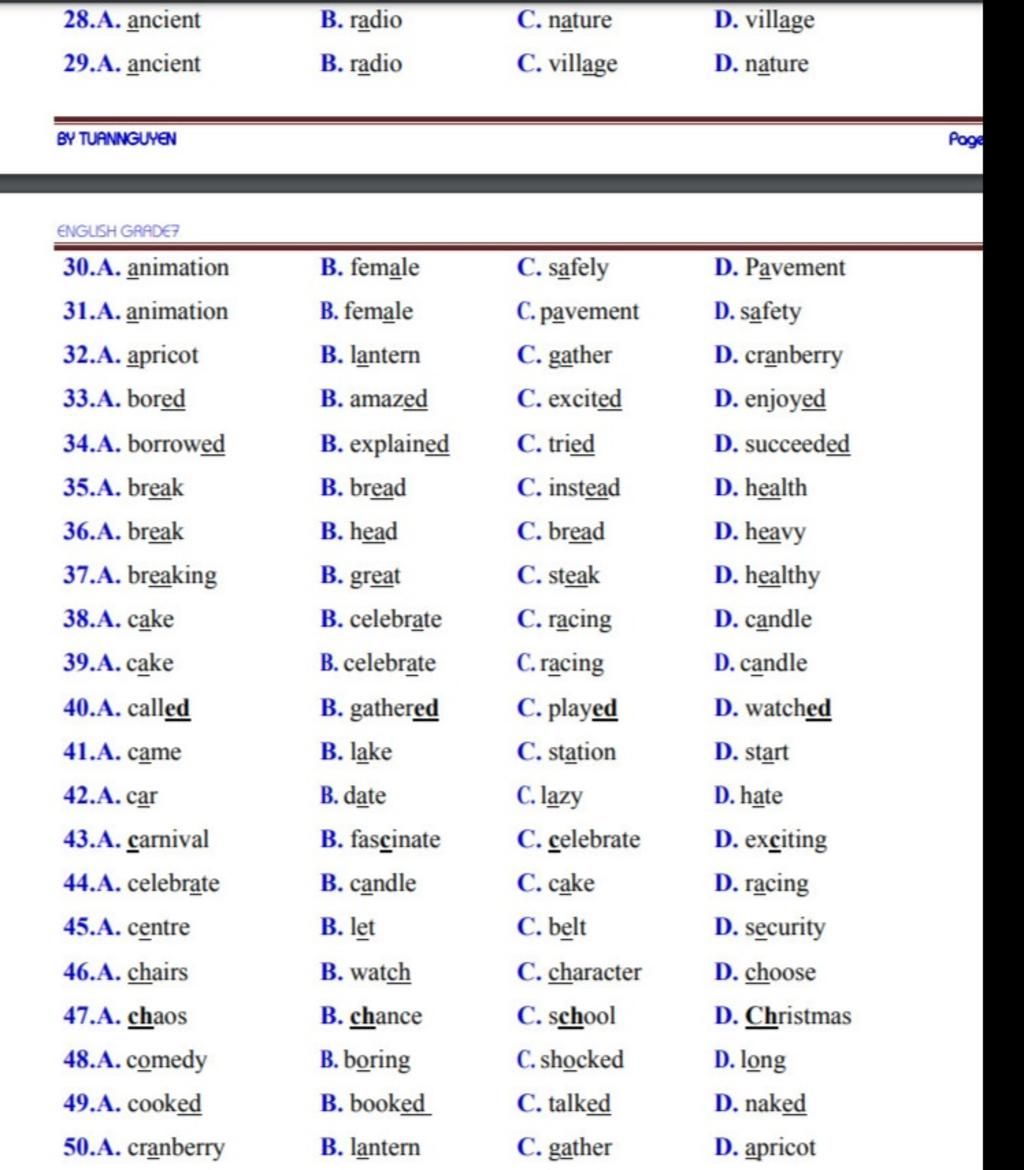 Choose the word which has a different sound in the part .  ancient B. radio C. nature D. village . ancient B. radio C. village D.  nature BY T