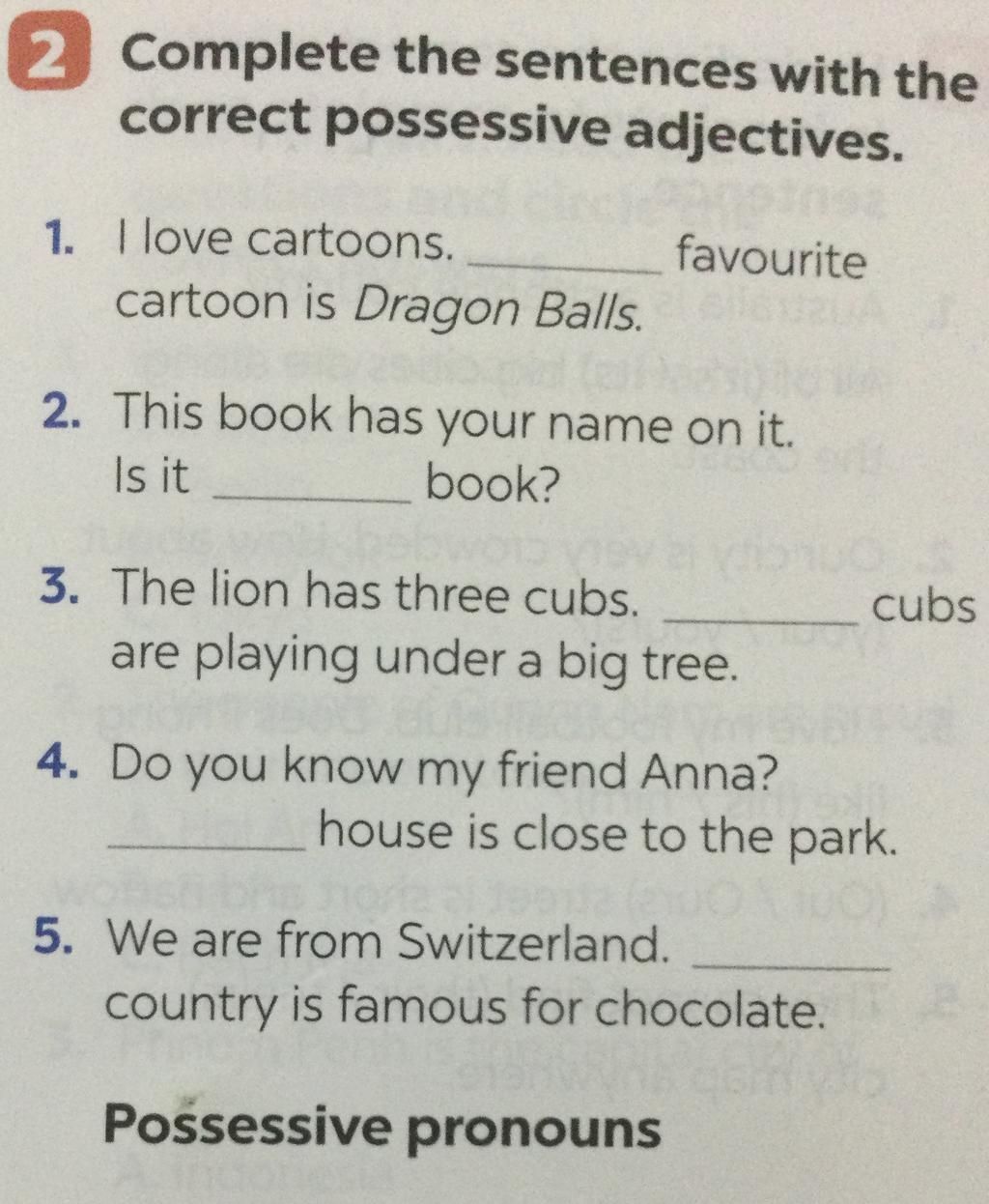 2 Complete the sentences with the correct possessive adjectives. 1. I love  cartoons. cartoon is Dragon Balls. favourite 2. This book has your name on  it. I