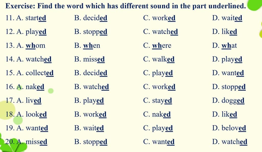 Exercise: Find The Word Which Has Different Sound In The Part ...