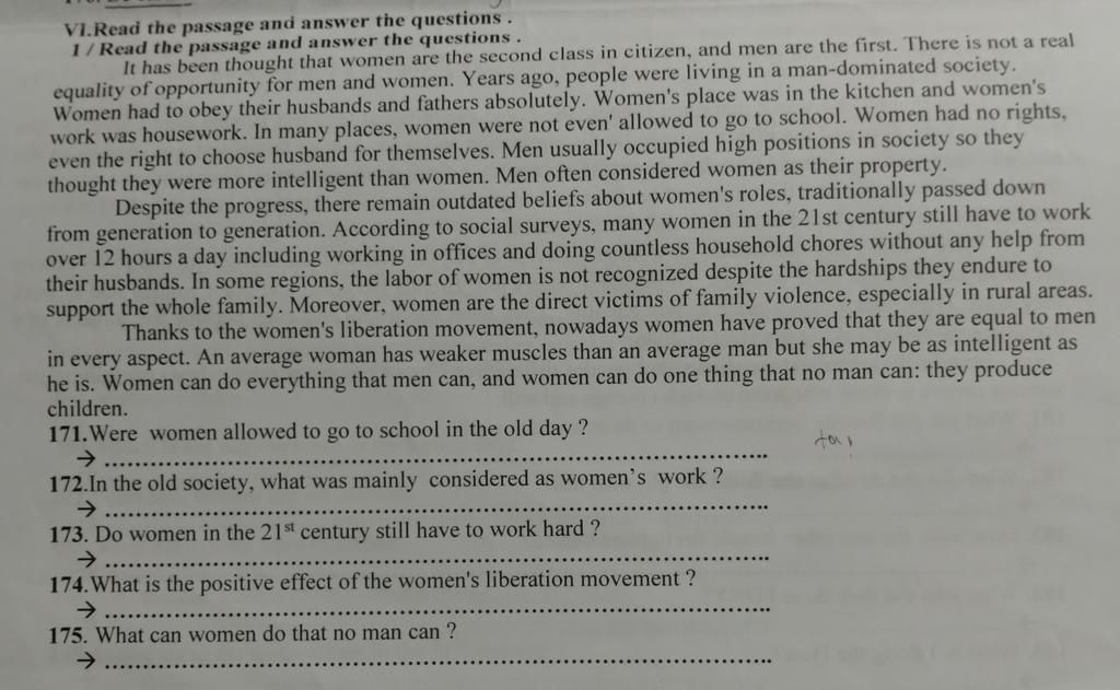  the passage and answer the questions. 1/ Read the passage and answer  the questions. It has been thought that women are the second class in  citizen,
