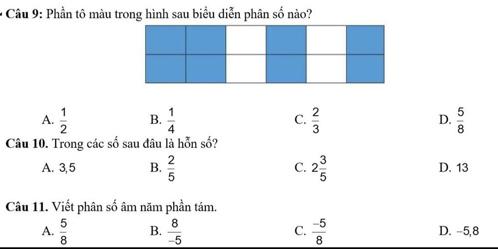 Câu 9: Phần Tô Màu Trong Hình Sau Biểu Diễn Phân Số Nào? 1 А. 1 В. 4 С. 3  D. 8 Câu 10. Trong Các Số Sau Đầu Là Hỗn Số? А. 3,5 В. 3 С. 2- D. 13 Câu  11. Viết