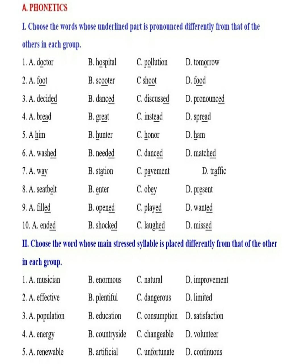 A. PHONETICS I. Choose The Words Whose Underlined Part Is Pronounced ...