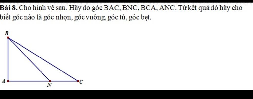 Bài 8. Cho hình vẽ sau. Hãy đo góc BAC, BNC, BCA, ANC. Từkết quả ...