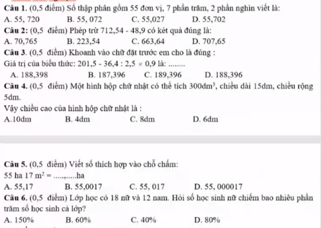 Số thập phân gồm 55 đơn vị, 7 phần trăm, 2 phần nghìn viết là