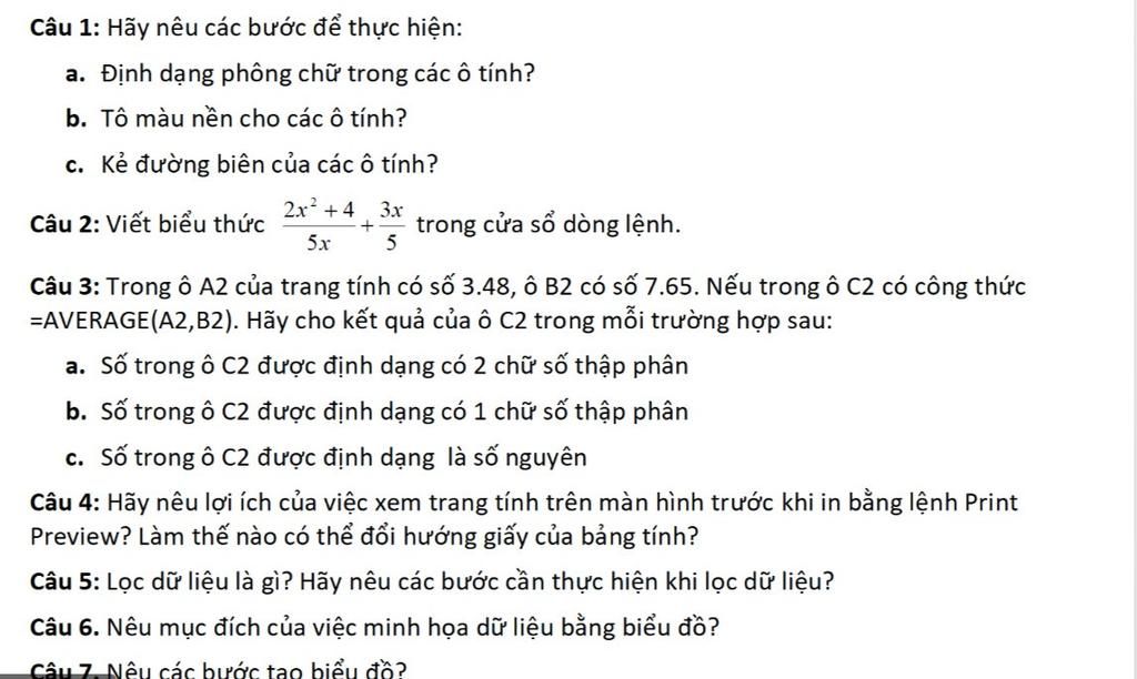 Câu 1: Hãy Nêu Các Bước Để Thực Hiện: A. Định Dạng Phông Chữ Trong Các Ô  Tính? B. Tô Màu Nền Cho Các Ô Tính? C. Kẻ Đường Biên Của Các