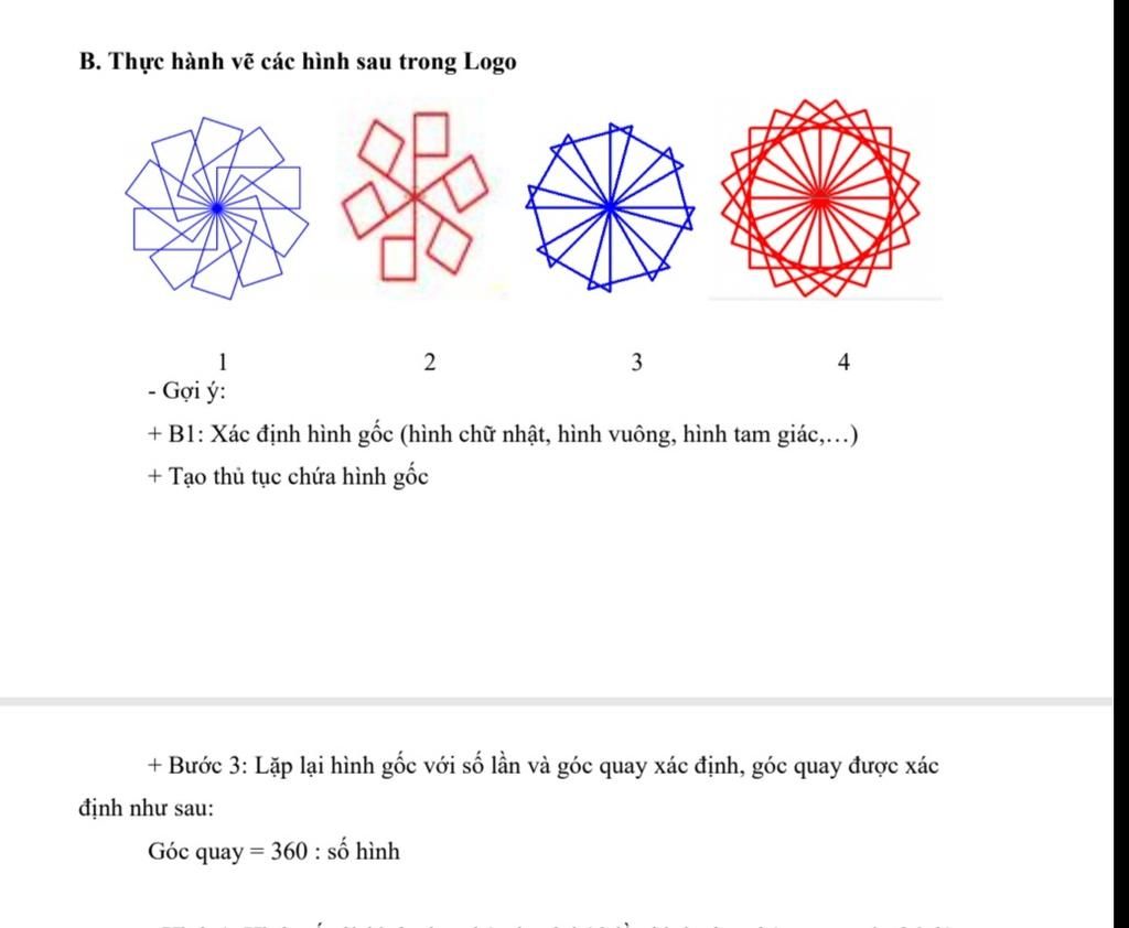 B. Thực hành vẽ các hình sau trong Logo 1 3 4 - Gợi ý: + B1: Xác ...