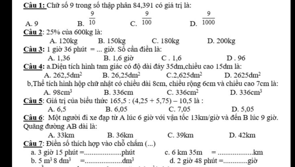 Chữ số 9 trong số thập phân 84,391 có giá trị là?