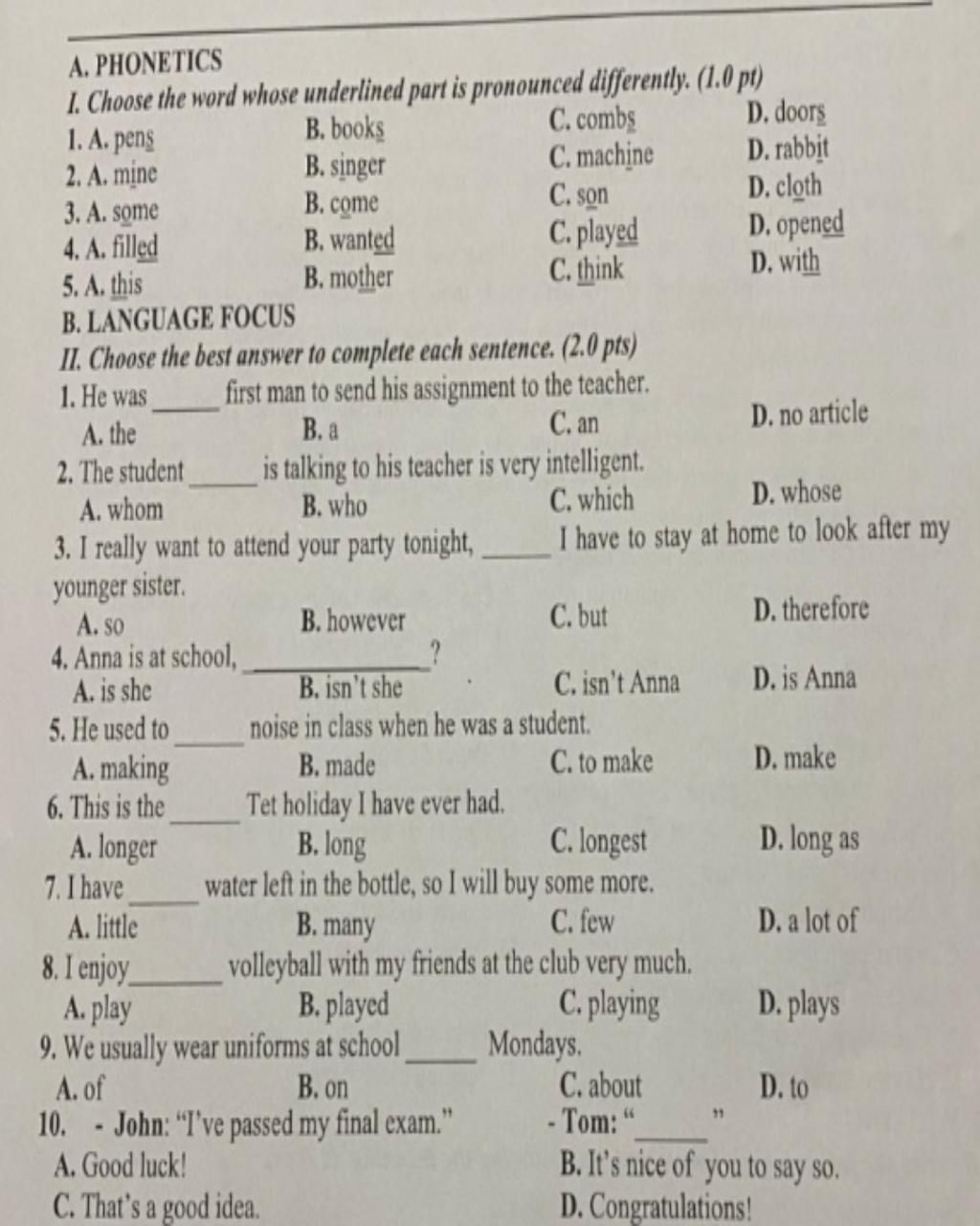 A. PHONETICS I. Choose The Word Whose Underlined Part Is Pronounced ...