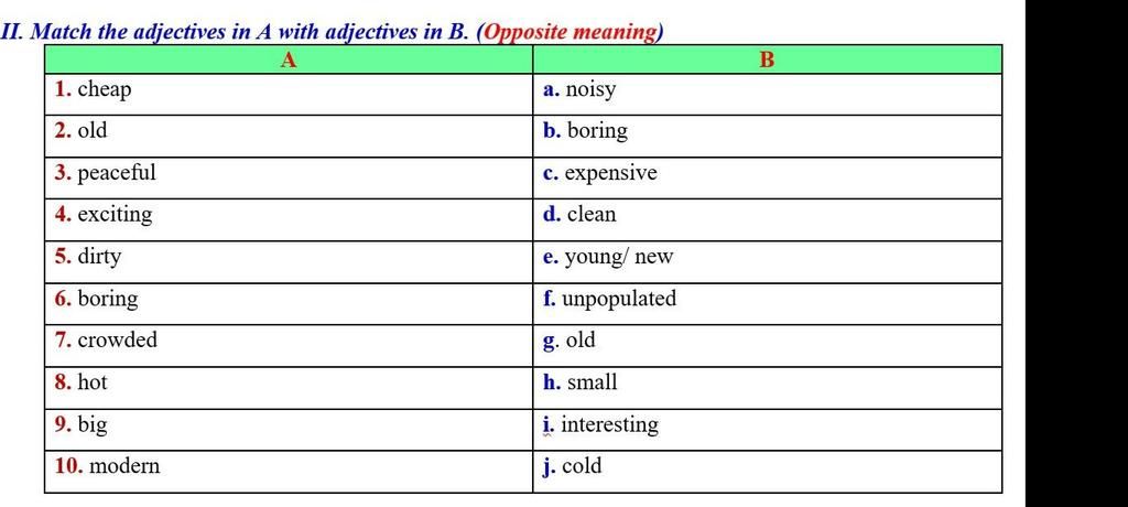 II. Match The Adjectives In A With Adjectives In B. (Opposite Meaning ...