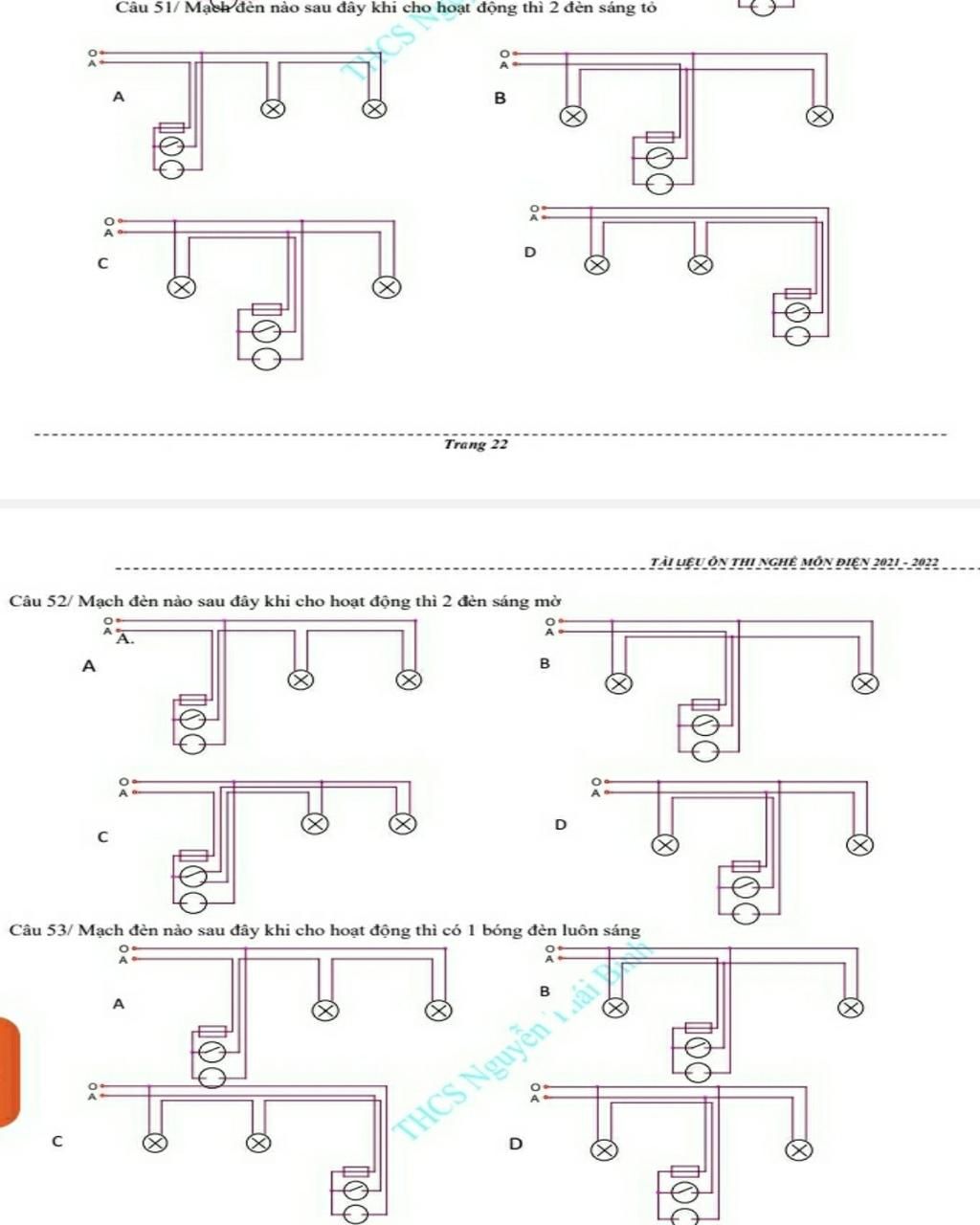 Câu 51/ Mạch đèn nào sau đây khi cho hoạt động thì 2 đèn sáng tỏ ...