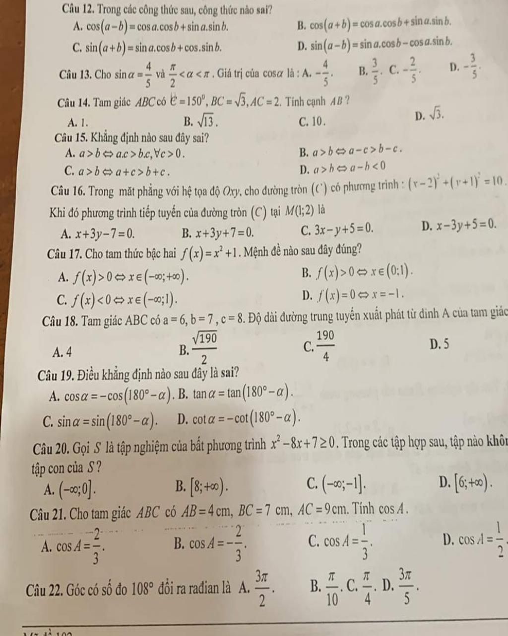 Câu 12. Trong Các Công Thức Sau, Công Thức Nào Sai? Cos(a-b)=cosa.cosb ...