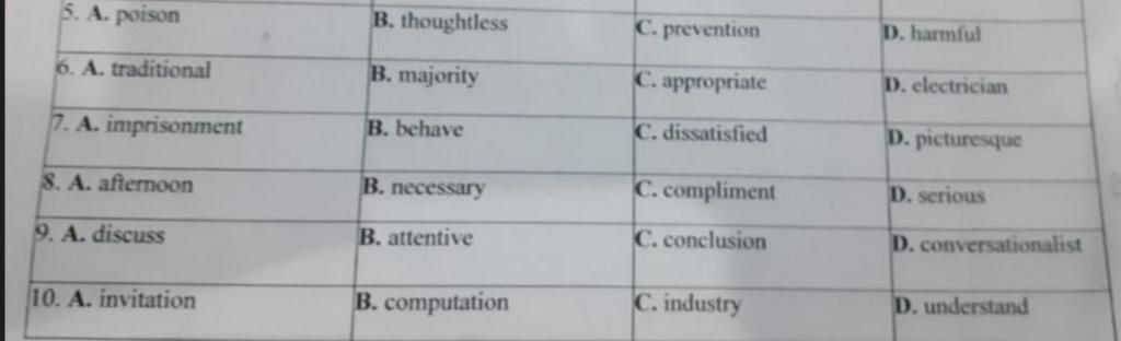 5. A. Poison 6. A. Traditional 7. A. Imprisonment 8. A. Afternoon 9. A ...