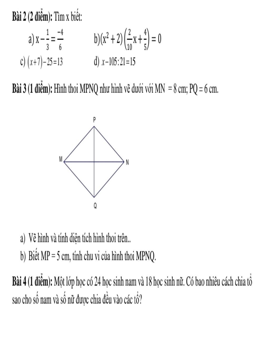 Bài 2 (2 điểm): Tìm x biết: -4 a)x==== bXx² + 2)(x+²) = 0 3 c) (x+ ...