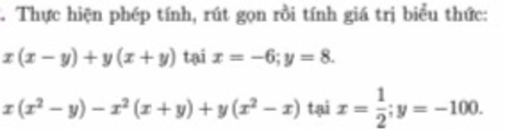 Thực Hiện Phép Tính Rút Gọn Rồi Tính Giá Trị Biểu Thức X Z Y Y Z Y Tại Z —6 Y 8 1