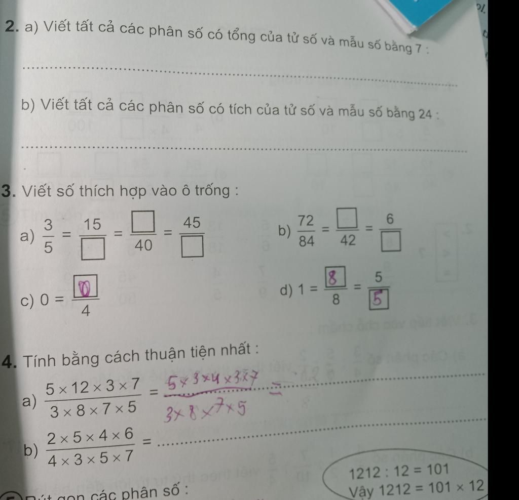 2. A) Viết Tất Cả Các Phân Số Có Tổng Của Tử Số Và Mẫu Số Bằng 7 : B) Viết  Tất Cả Các Phân Số Có Tích Của Tử Số Và