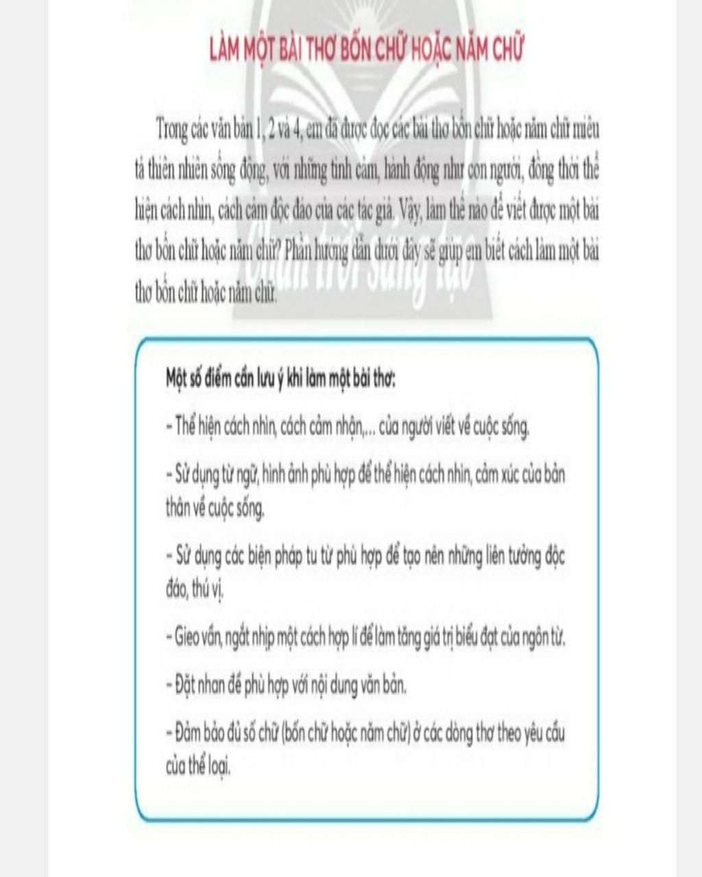 Hoàn thành các bước của quy trình làm một bài thơ bốn chữ hoặc năm chữ