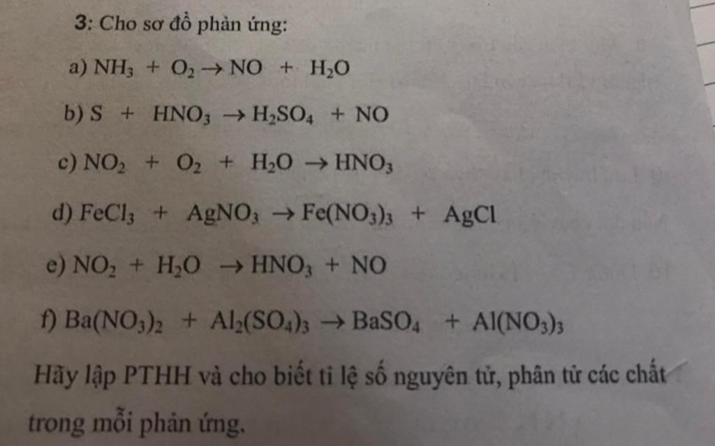 3: Cho sơ đồ phản ứng: a) NH3 + O₂ → NO + H₂O b) S + HNO3 ...