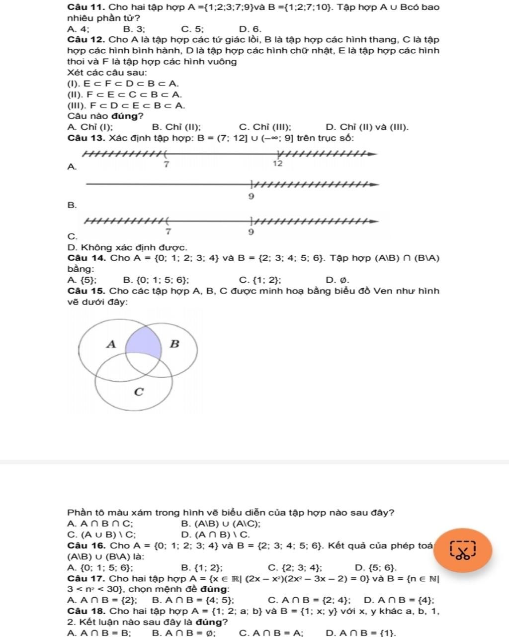 C u 11 cho hai t p h p a 1 2 3 7 9 v b 1 2 7 10 t p h p a u bc 