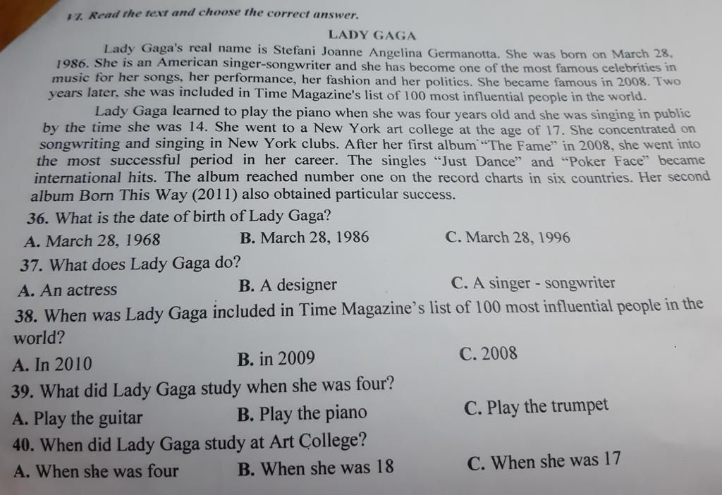Vi. Read The Text And Choose The Correct Answer. Lady Gaga Lady Gaga'S Real  Name Is Stefani Joanne Angelina Germanotta. She Was Born On March 28, 1986.  She