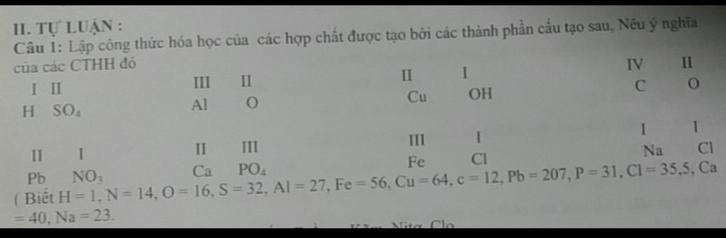 II. TỰ LUẬN : Câu 1: Lập công thức hóa học của các hợp chất được tạo ...