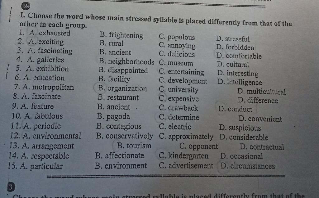 24 i choose the word whose main stressed syllable is placed