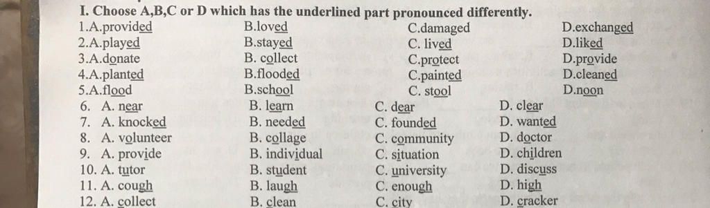 I. Choose A,B,C Or D Which Has The Underlined Part Pronounced ...