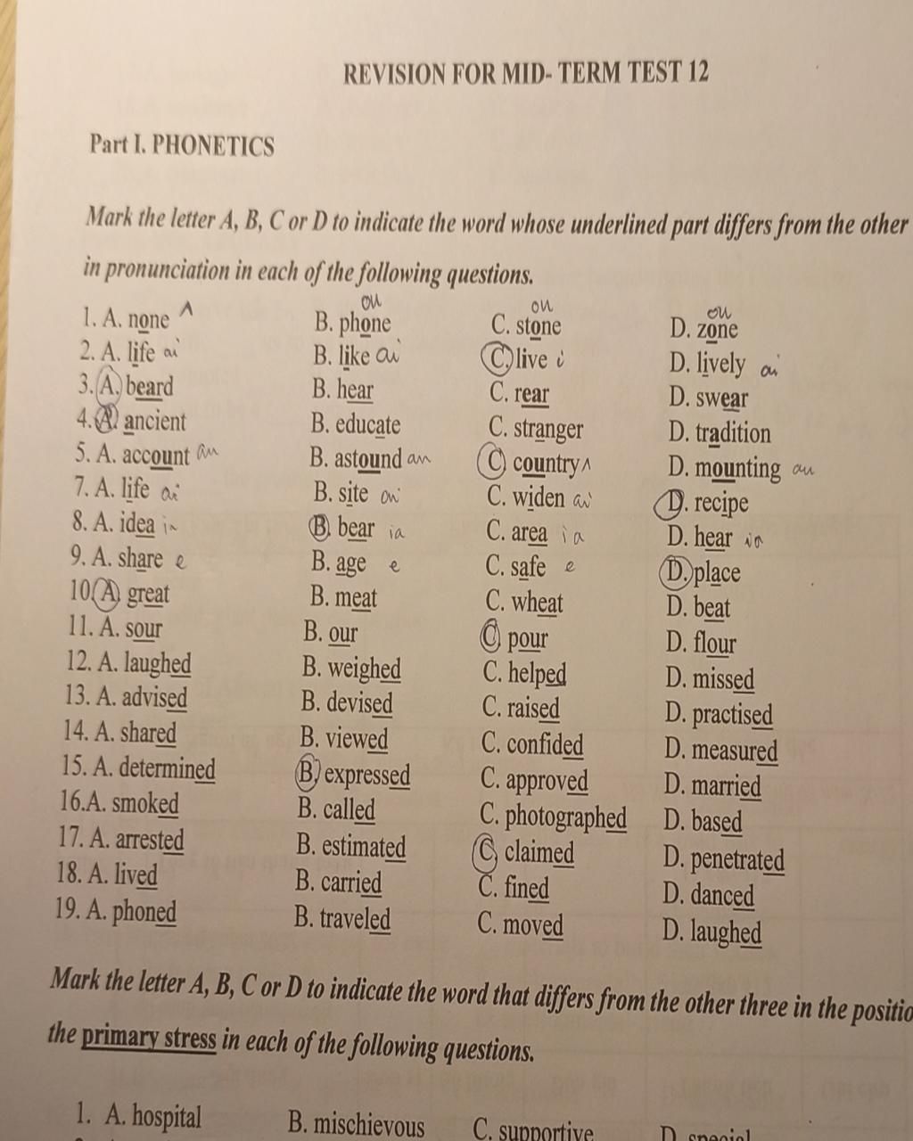 Part I. PHONETICS Mark The Letter A, B, C Or D To Indicate The Word ...