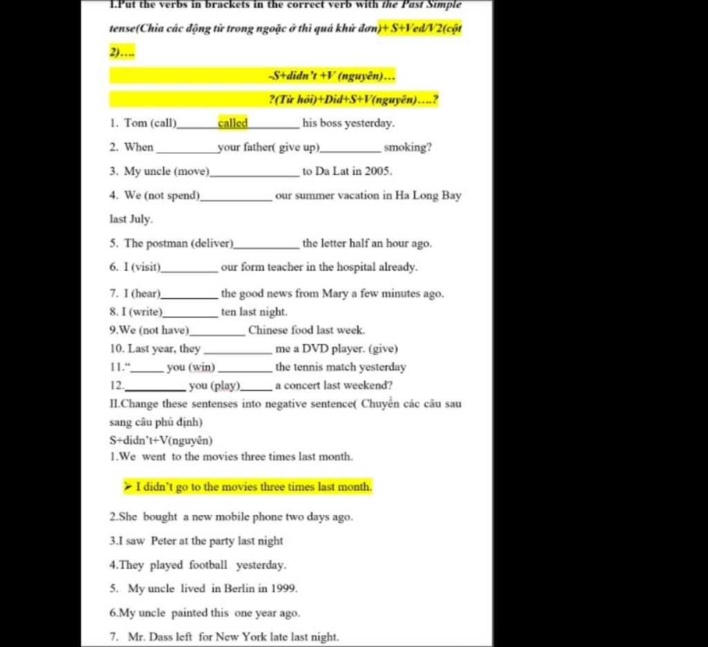 1.Put the verbs in brackets in the correct verb with the Past Simple ...