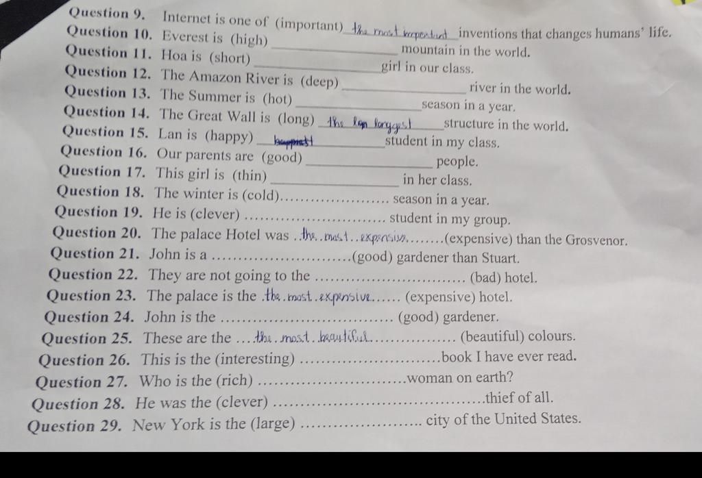 Câu 1 fill in the gaps with the superlative form of the adjectives ...