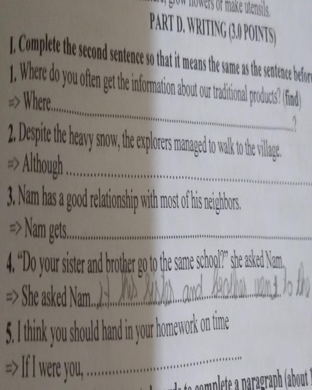 or make utensils PART D. WRITING (3.0 POINTS) 1. Complete the second