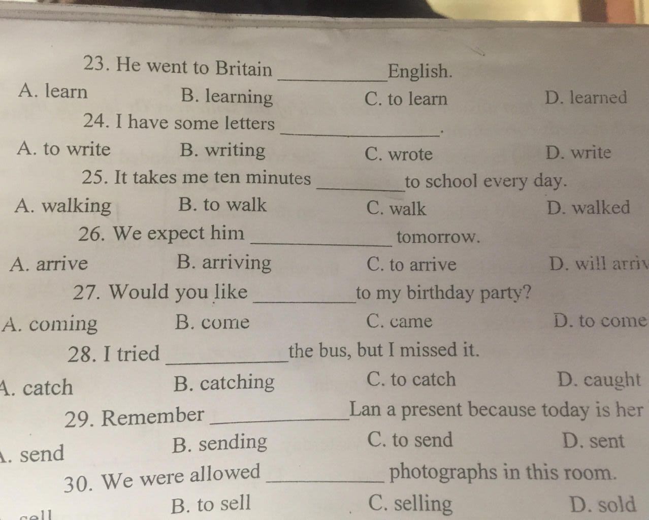 A. Learn 23. He Went To Britain B. Learning 24. I Have Some Letters B ...