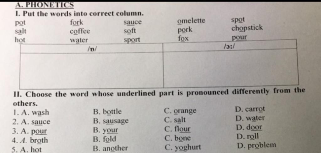 A. PHONETICS 1. Put The Words Into Correct Column. Fork Coffee Water ...