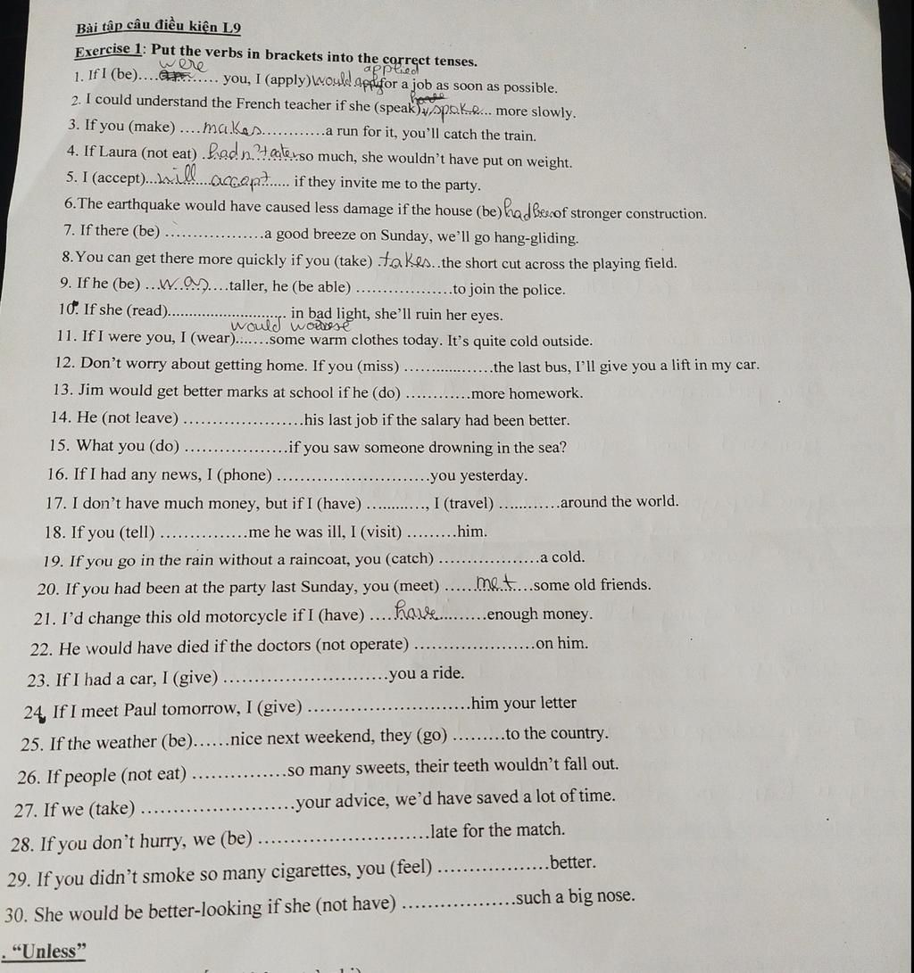 Bai t?p cau di?u ki?n L9 Exercise 1: Put the verbs in brackets into the ...