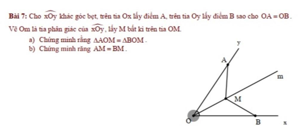 Bài 7: Cho xOy khác góc bẹt, trên tia Ox lấy điểm A, trên tia Oy ...