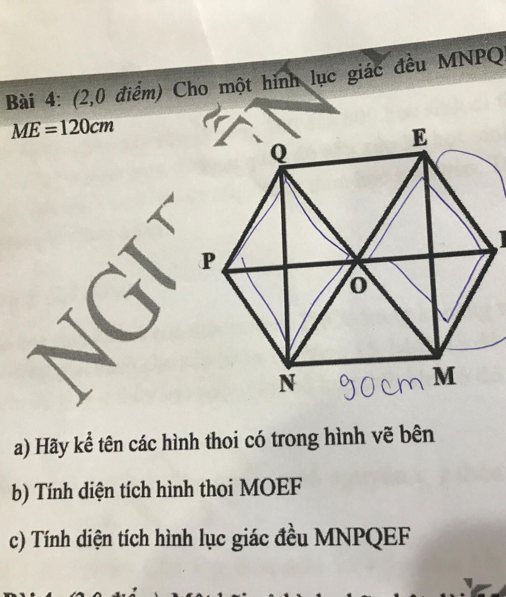 Bài 4: (2,0 điểm) Cho một hình lục giác đều MNPQ ME=120cm 7 NGIT 0 ...