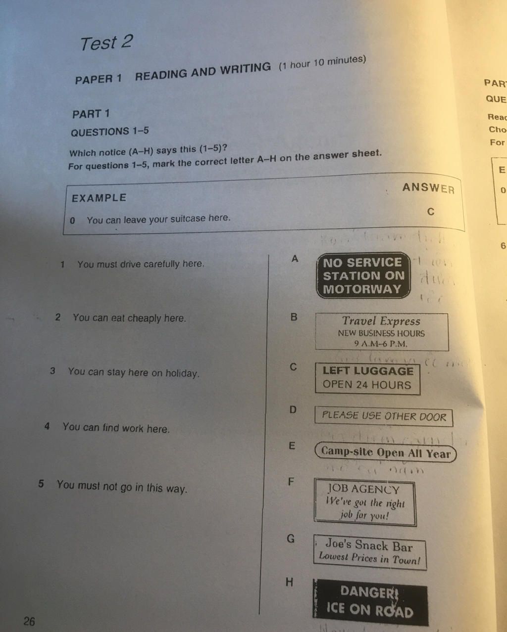 26 1 2 3 Test 2 PAPER 1 READING AND WRITING (1 hour 10 minutes) PART 1