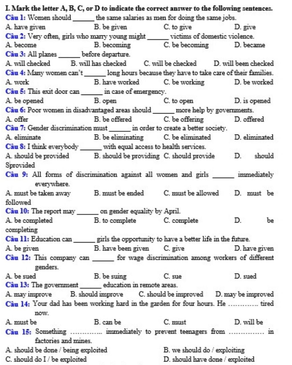 I. Mark the letter A, B, C, or D to indicate the correct answer to the ...
