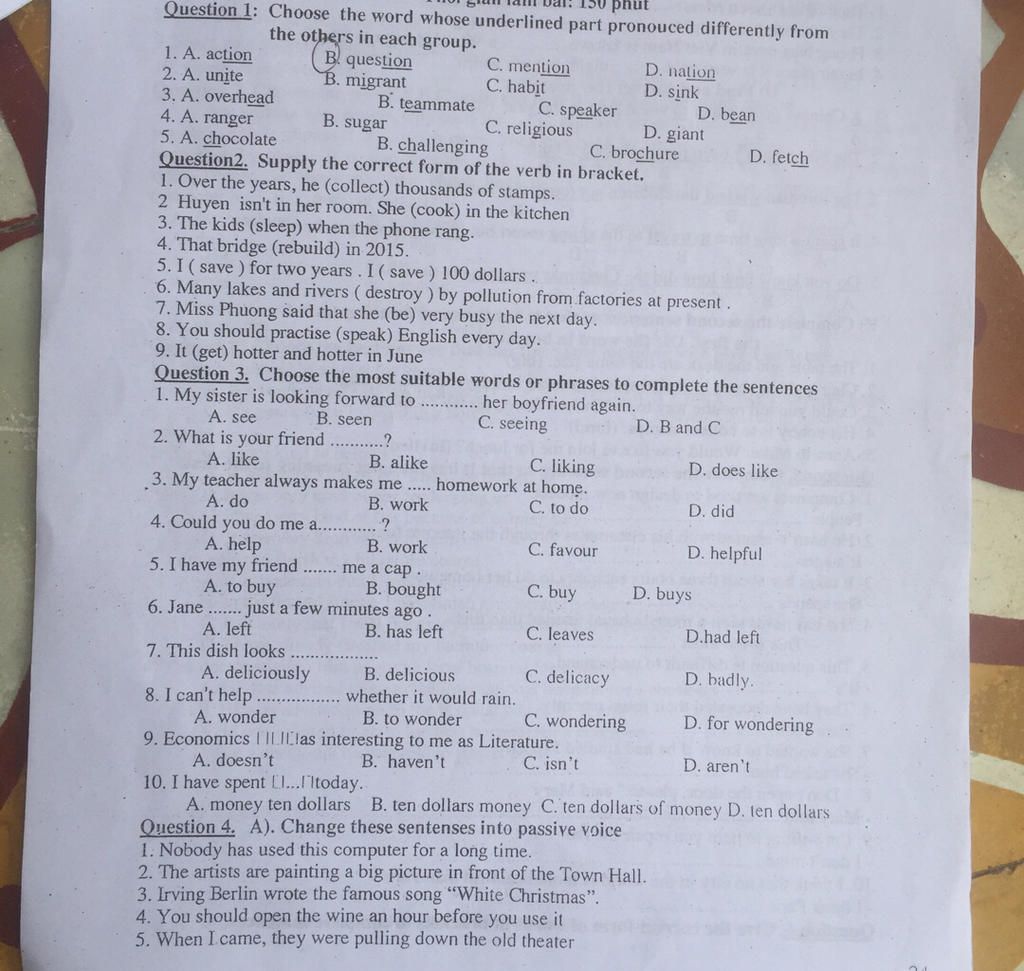 150 Phut Question 1: Choose The Word Whose Underlined Part Pronouced ...