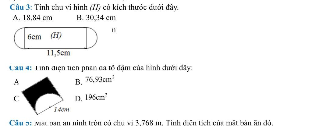 Câu 3: Tính Chu Vi Hình (H) Có Kích Thước Dưới Đây. A. 18,84 Cm B. 30,34 Cm  6Cm (H) N 11,5Cm Cau 4: 11Nh Diện Tích Phan Da Tô Đậm Của