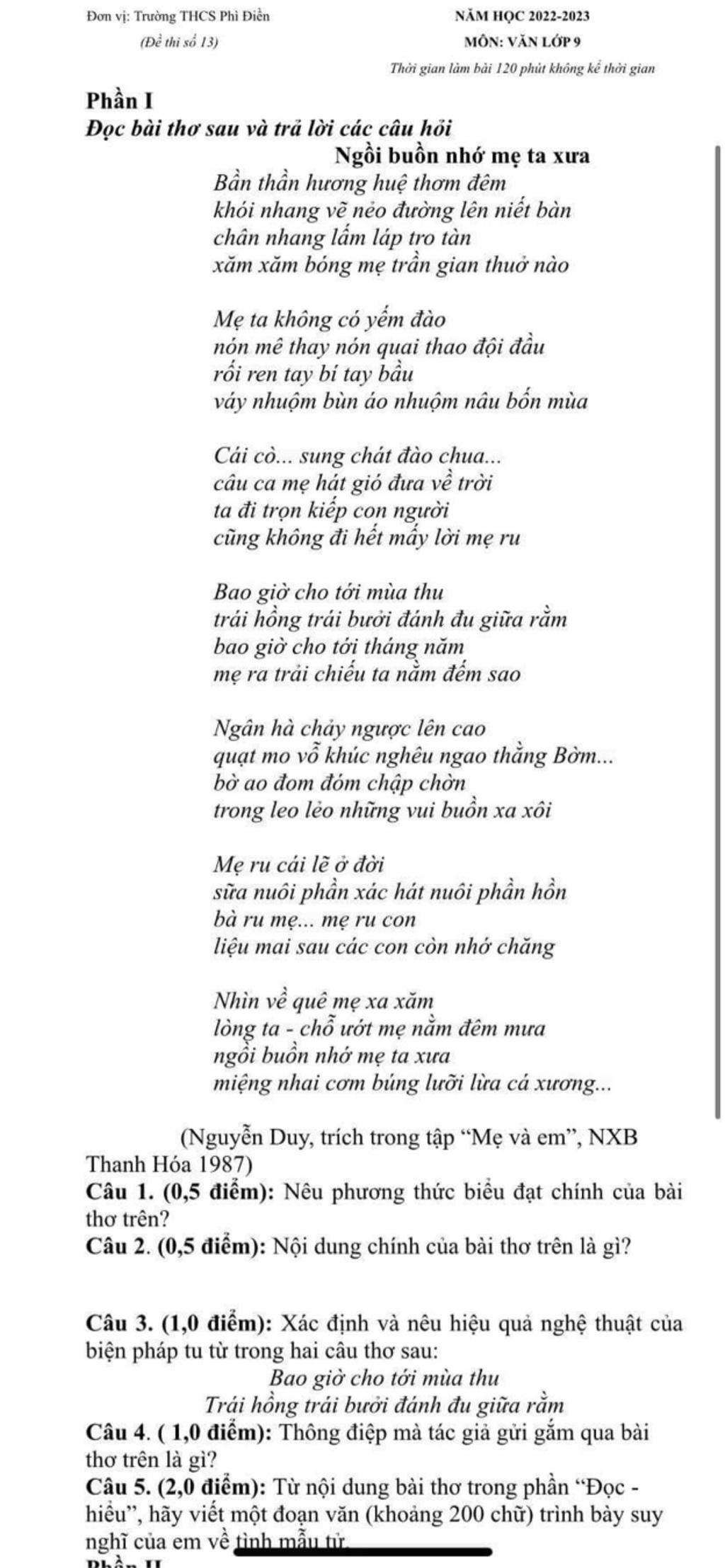 Bài thơ Bài thơ về tình mẫu tử lớp 9 và cách nắm bắt tinh thần của bài thơ