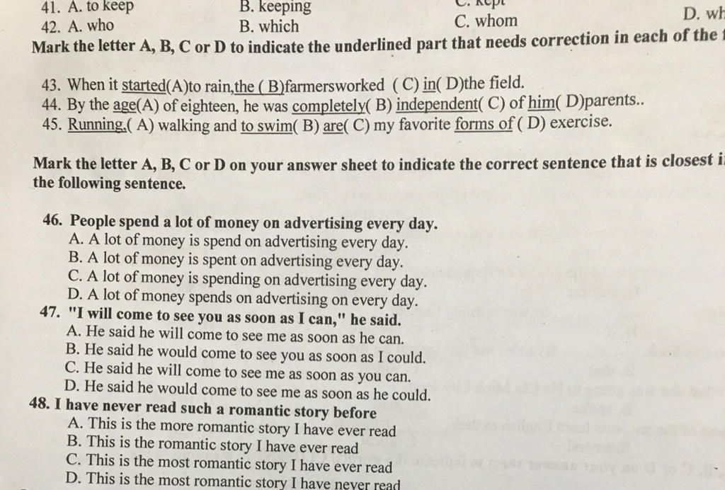 41. A. To Keep 42. A. Who B. Keeping B. Which C. Whom D. Wh Mark The ...