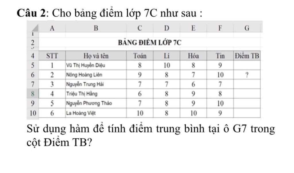Câu 2: Cho bảng điểm lớp 7C như sau : A C D E BẢNG ĐIỂM LỚP C 1 J 4 5 6 ...
