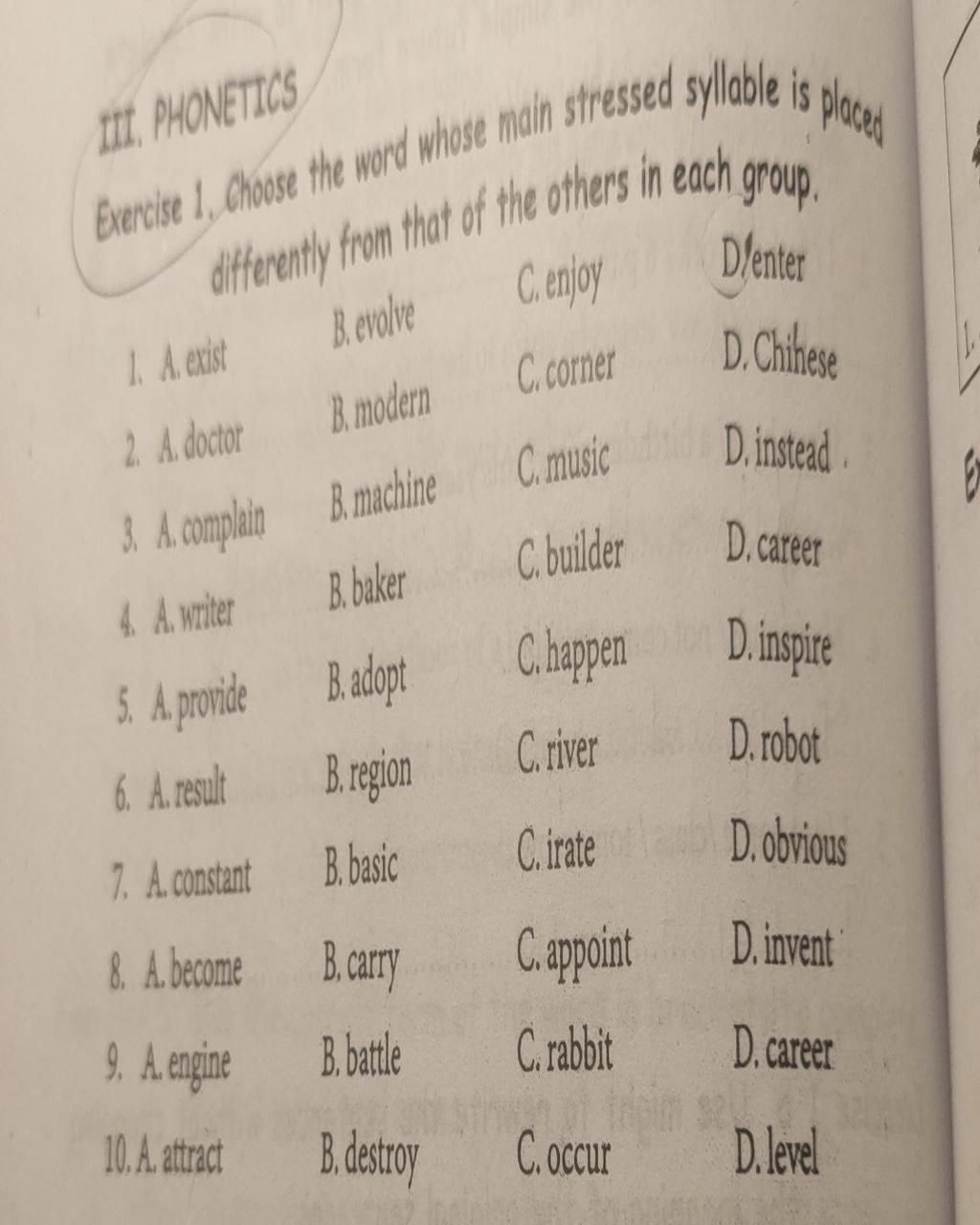 Iii phonetics placed exercise 1 choose the word whose main stressed