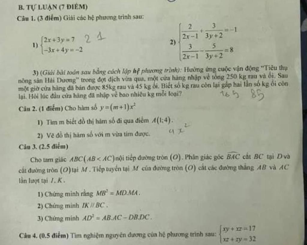 B. TU LUAN (7 DIEM) Câu 1. (3 điểm) Giải các hệ phương trình sau: 1 ...